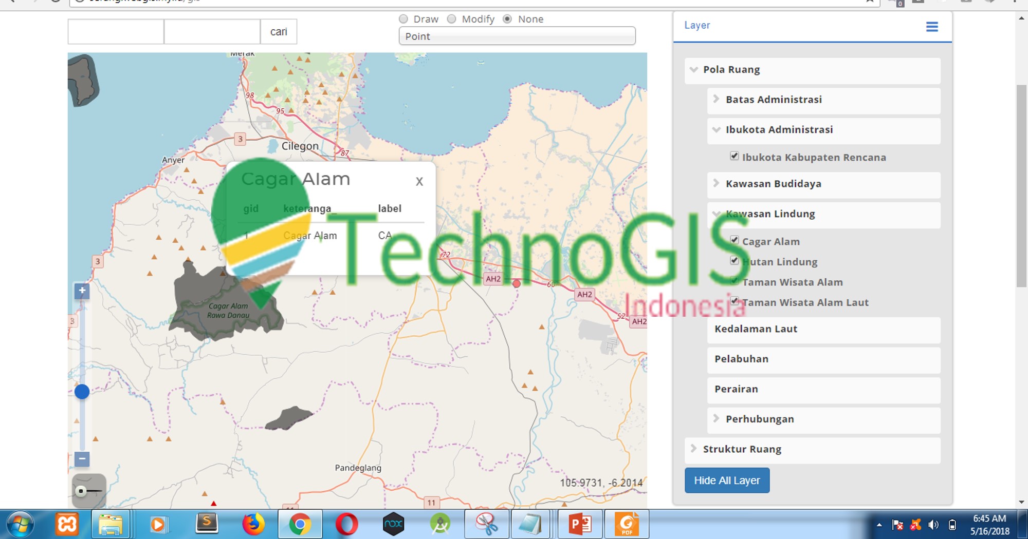 Pembuatan WebGIS Sistem Informasi Tataruang Serang Banten – Bulan Maret Mei 2018 TechnoGIS Indonesia memberikan layanan pembuatan dan pelatihan maintenance